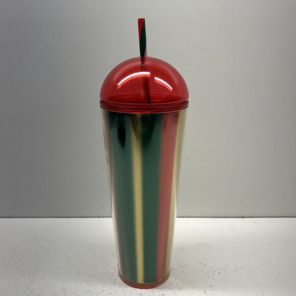 Starbucks Metallic Red Green Gold Stripe Cold Cup Dome Tumbler 24oz - Picture 2 of 5